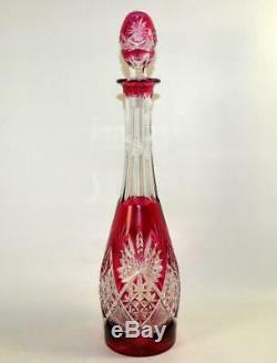 VAL ST LAMBERT Cranberry Cut to Clear Crystal Decanter & 6 Coloured Hock Glasses