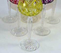 VAL ST LAMBERT Cranberry Cut to Clear Crystal Decanter & 6 Coloured Hock Glasses