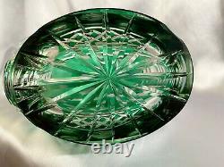 VERY RARE Emerald Green Cut to Clear Etched Intaglio Roses Crystal Decanter