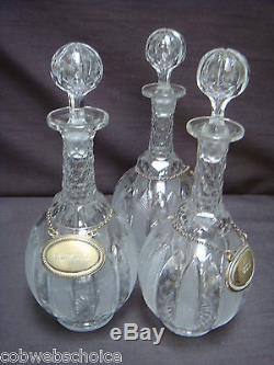 Victorian Three Crystal Cut Glass Decanter Set In Silver Plate Stand Quality
