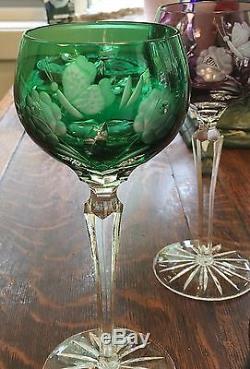 VINTAGE AJKA CRYSTAL WINE SET 4 MULTICOLOR GLASSES w. DECANTER CUT TO CLEAR RARE