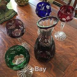 VINTAGE AJKA CRYSTAL WINE SET 4 MULTICOLOR GLASSES w. DECANTER CUT TO CLEAR RARE