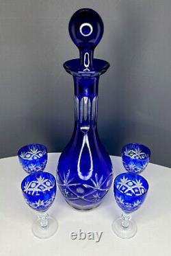 VINTAGE BOHEMIAN CUT to CLEAR CRYSTAL COBALT BLUE DECANTER & 4 GLASS SET