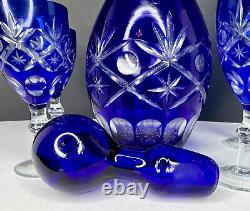 VINTAGE BOHEMIAN CUT to CLEAR CRYSTAL COBALT BLUE DECANTER & 4 GLASS SET