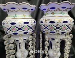 VINTAGE BOHEMIAN Czech White Overlay Cut TO COBAL BLUE Glass withCRYSTALS LUSTERS