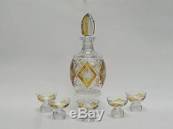 Vintage Bohemian Germany Heavy Hand Cut Crystal Amber Decanter + 5 Shot Glass
