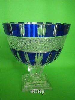 VINTAGE Bohemian Czech Cut to Clear Cobalt Crystal Large Footed Bowl/Centerpice
