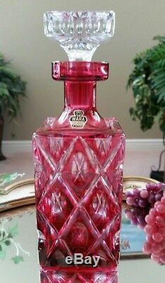 VINTAGE German Cranberry Red Cut to Clear Crystal Whiskey Decanter, with Label