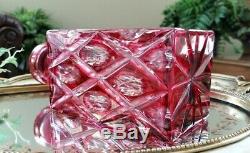VINTAGE German Cranberry Red Cut to Clear Crystal Whiskey Decanter, with Label