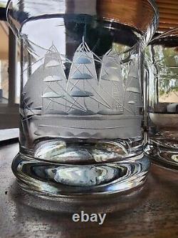 VINTAGE Hand Blown Glass Sailboat Ship Decanter + Glasses Set Ball Stopper