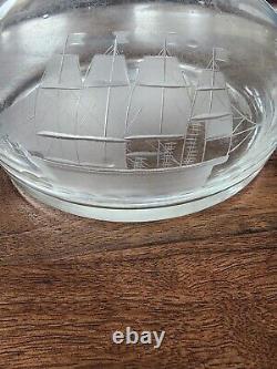 VINTAGE Hand Blown Glass Sailboat Ship Decanter + Glasses Set Ball Stopper