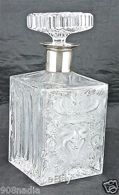 Vintage Silver Plated Neck Clear Frosted Glass Bacchus Mask Spirit Decanter