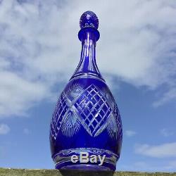 VIntage Crystal Decanter Bohemian Cobalt Blue Cut To Clear Czech Art Glass 14