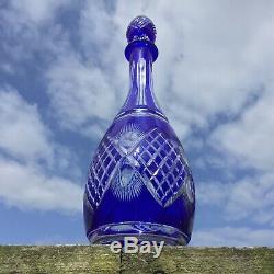 VIntage Crystal Decanter Bohemian Cobalt Blue Cut To Clear Czech Art Glass 14