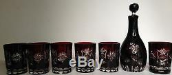 VTG BOHEMIAN Ruby Red Cut-to-Clear Crystal Starburst Decanter Glasses Set MINT