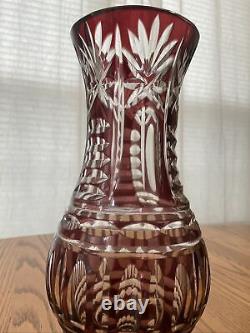 VTG Bohemian Czech Crystal Art Ruby Red Burgundy Glass Vase Cut to Clear 10.5