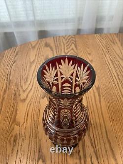 VTG Bohemian Czech Crystal Art Ruby Red Burgundy Glass Vase Cut to Clear 10.5