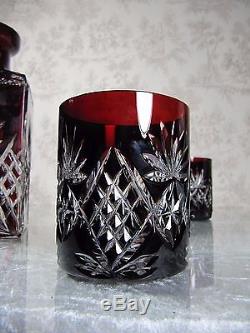 VTG Bohemian Czech Ruby Cut to Clear Crystal Decanter Whiskey Liquor Glass Set