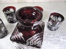VTG Bohemian Czech Ruby Cut to Clear Crystal Decanter Whiskey Liquor Glass Set