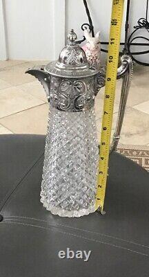 VTG Diamond Point Glass Silver Plate Top Decanter Pitcher With SM Ice Bucket