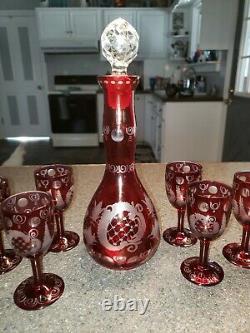 VTG. Egermann Bohemian Czech Ruby Cut to Clear Deer Decanter Set with 6 Glasses
