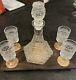 Vtg Mcm Diamond Cut Wexford Decanter With 4 Claret Glasses And Wood Tray/server