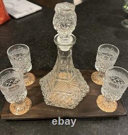 VTG MCM Diamond Cut Wexford Decanter With 4 Claret Glasses And Wood Tray/Server