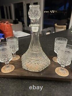 VTG MCM Diamond Cut Wexford Decanter With 4 Claret Glasses And Wood Tray/Server