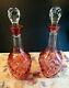 Vtg Pair Of 2 Cranberry Cut To Clear Dot Diamond Pattern Decanters Withstoppers