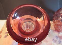 VTG PAIR OF 2 CRANBERRY CUT TO CLEAR DOT DIAMOND PATTERN DECANTERS WithSTOPPERS