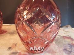 VTG PAIR OF 2 CRANBERRY CUT TO CLEAR DOT DIAMOND PATTERN DECANTERS WithSTOPPERS