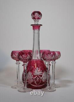 Val St Lambert Berncastel Decanter Set with 6 Cordials Cranberry Cut to Clear