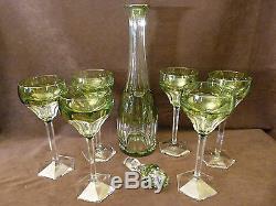 Val St Lambert Chartreuse to Clear Cut Crystal Decanter with 6 Cordial Glasses