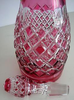 Val St Lambert Cranberry Or Pink Cased Cut Clear Crystal Decanter