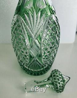 Val St Lambert Emerald Green Cased Cut Clear Crystal Decanter