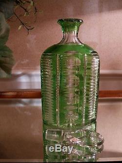 Val St. Lambert Green Cut to Clear Crystal Decanter Art Deco 6 Sided withOS