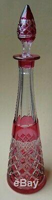 Val St Lambert Large Tall Decanter Pink Glass Overlay Cut Crystal