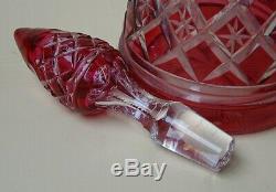 Val St Lambert Large Tall Decanter Pink Glass Overlay Cut Crystal