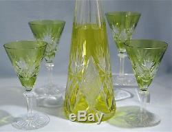 Val St Lambert Light Green Cut to Clear Crystal Wine Fluted Glasses & Decanter