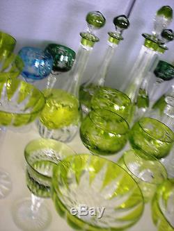 Val St Lambert Lime Or Peridot Cased Cut Clear Crystal Decanter