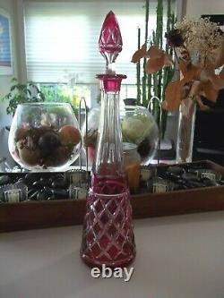 Val St Lambert Signed Cranberry Cut to Clear Decanter STUNNING