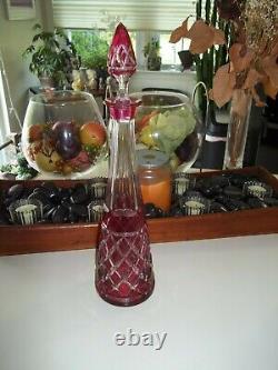 Val St Lambert Signed Cranberry Cut to Clear Decanter STUNNING