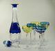 Val St. Lambert Of Belgium Decanter With 6 Glasses Blue/yellow Cut Crystal