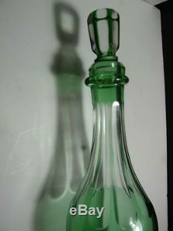 Victorian Hand Blown Art Glass Green Cut To Clear Decanter Matching Stopper