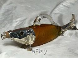 Victorian Style Silver Plate Amber Glass Fish Claret Spirit Jug After Crichton