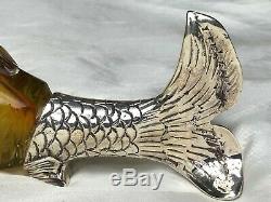 Victorian Style Silver Plate Amber Glass Fish Claret Spirit Jug After Crichton