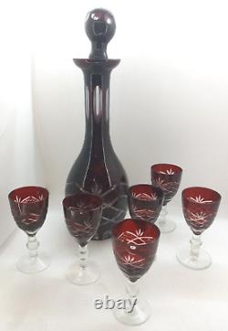 VintageDarkRed Cut To Clear Decanter withStopper & 6 Glasses, VGC, No Chips Cracks