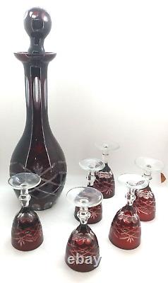 VintageDarkRed Cut To Clear Decanter withStopper & 6 Glasses, VGC, No Chips Cracks