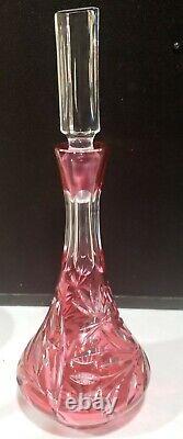 Vintage 16 Cranberry Crystal Cut to Clear Decanter with Large Stopper