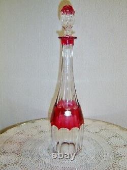 Vintage 16 inch Val St. Lambert Cranberry Cut To Clear Decanter Seville Tilly